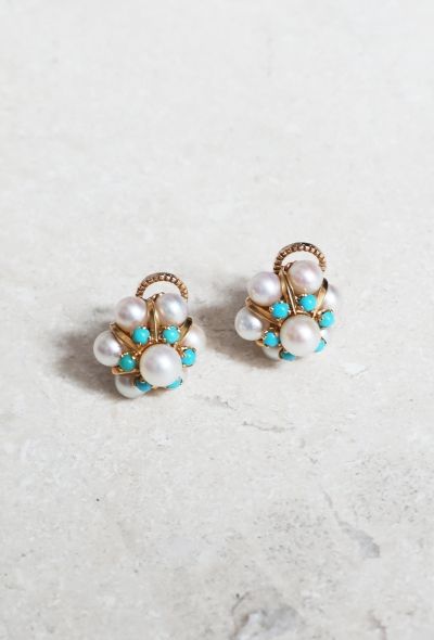 Vintage Fine Jewelry 18k Gold, Pearl and Turquoise Clip Earrings - 2
