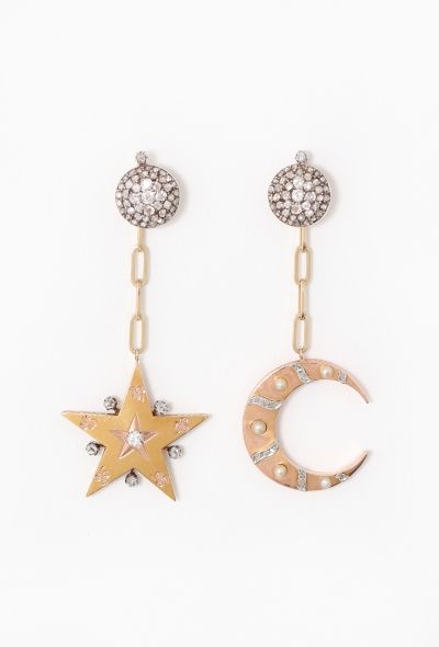 Vintage Fine Jewelry Antique 18k Gold, Silver & Diamond Star & Moon Earrings - 1