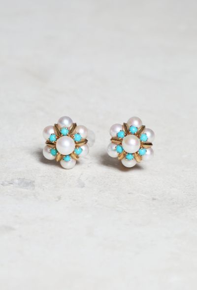Vintage Fine Jewelry 18k Gold, Pearl and Turquoise Clip Earrings - 1