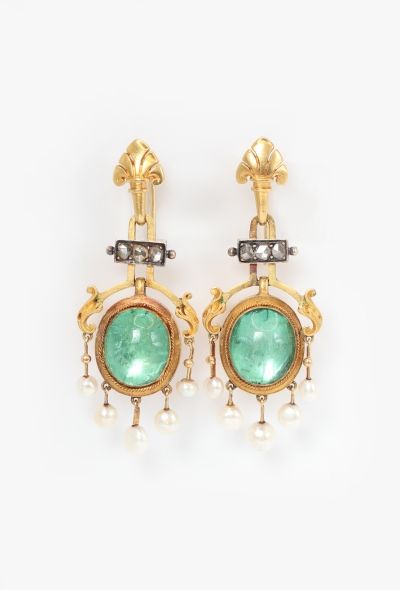 Vintage Fine Jewelry Antique 18k Gold, Diamonds & 5 Carats Emerald Earrings - 1