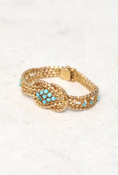 Vintage Fine Jewelry 18k Yellow Gold & Turquoise Mesh Knot Bracelet - 2