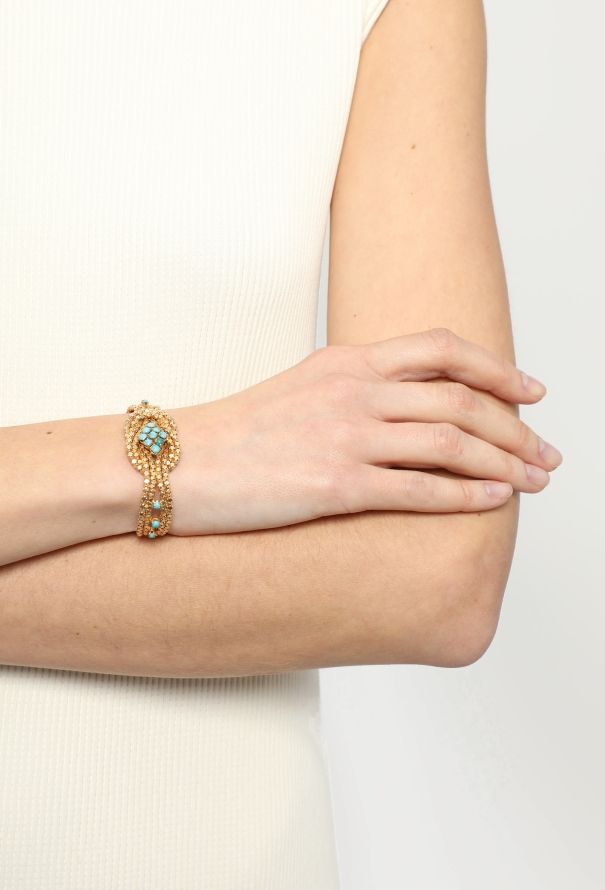 Vintage Fine Jewelry 18k Yellow Gold & Turquoise Mesh Knot Bracelet - 3