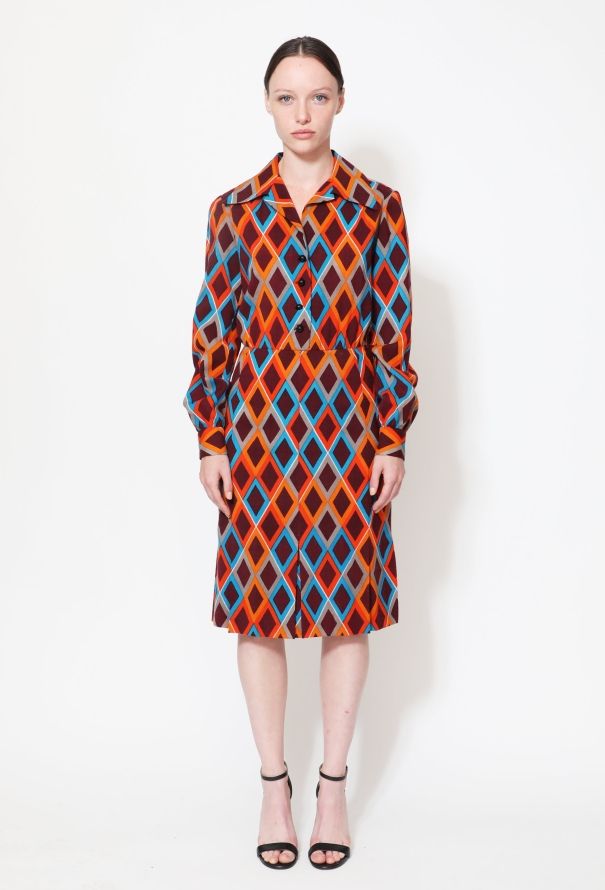 Saint Laurent 70s Diamond Print Wool Day Dress - 1