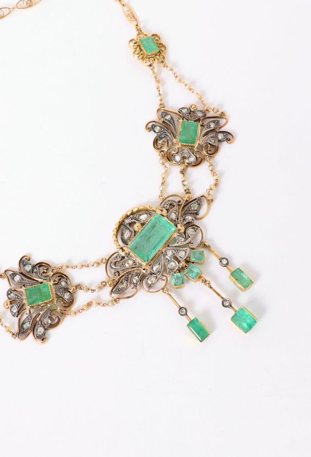 Vintage Fine Jewelry 18k Yellow Gold, Emerald & Diamond Arabesque Necklace - 4