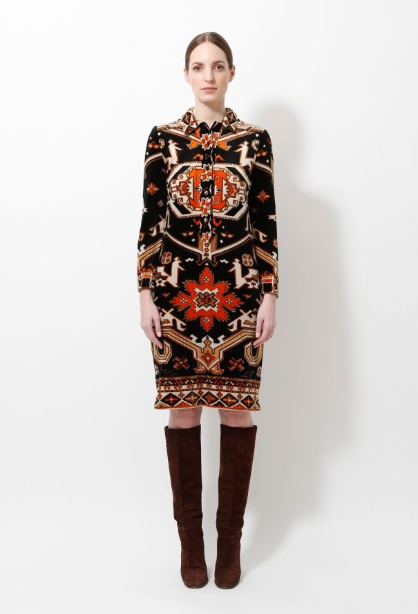 Exquisite Vintage Leonard '60s Graphic Velvet Shirt Dress - 1