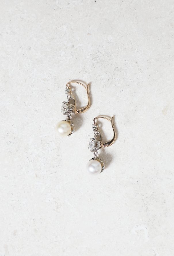 Vintage Fine Jewelry Art Deco 18k Gold Pearl & Diamond Sleeper Earrings - 1