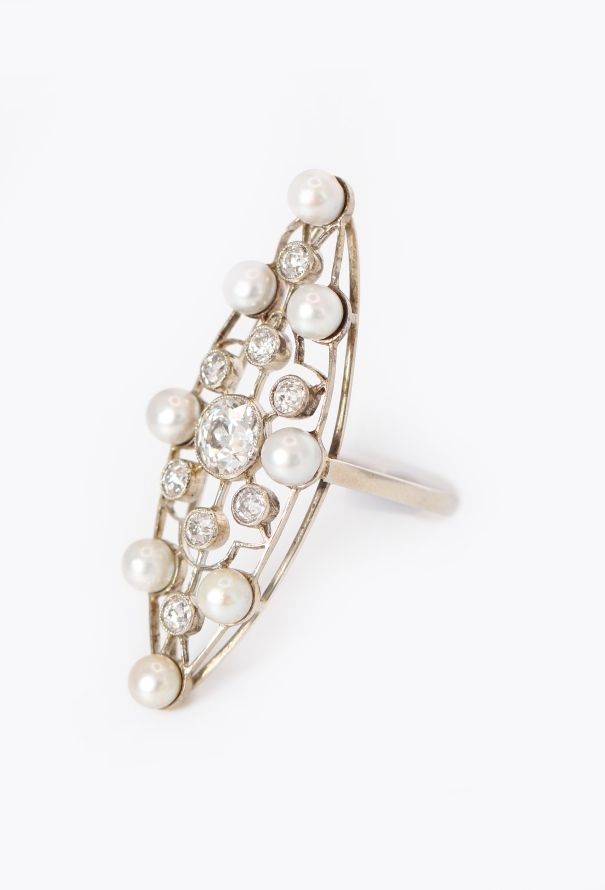 Vintage Fine Jewelry 18k White Gold, Pearl & Diamond Marquise Ring - 3