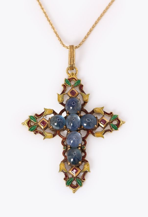 Vintage Fine Jewelry Antique 18k Yellow Gold, Enamel & Sapphire Cross Pendant - 1