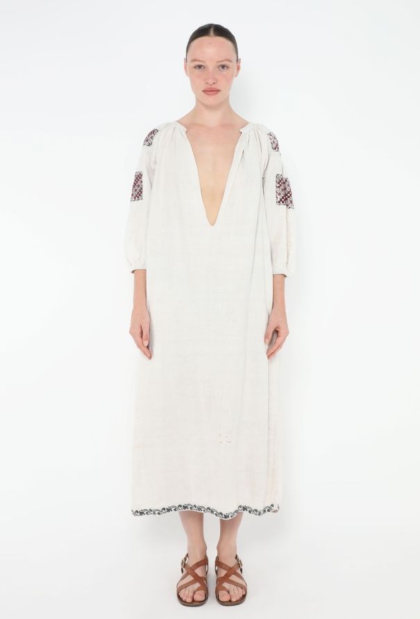 Embroidered Plunging Linen Kaftan - 1