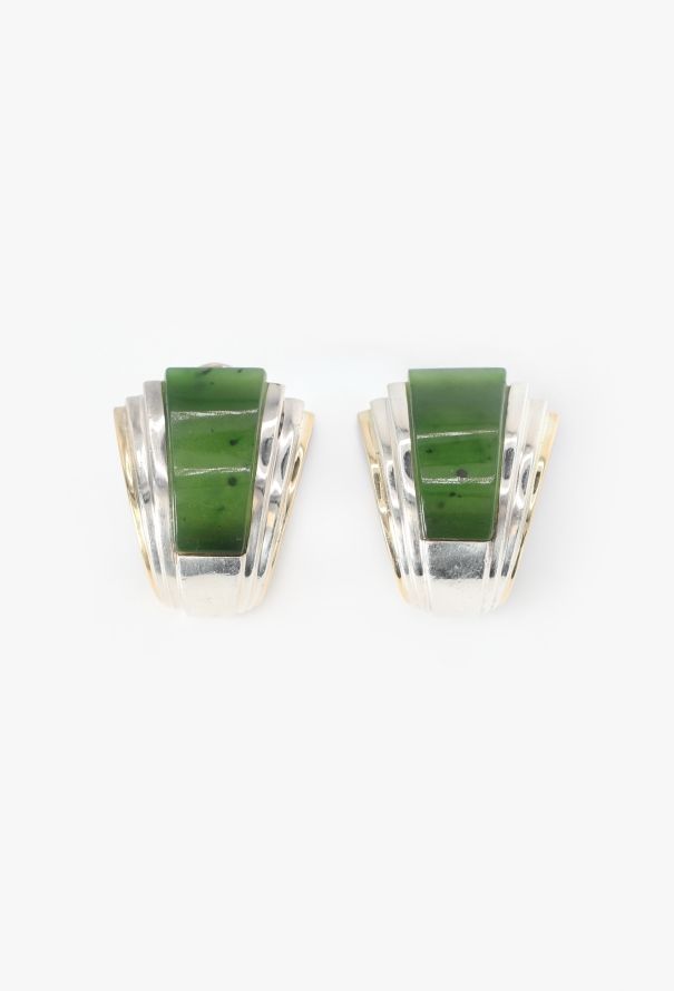 Vintage Fine Jewelry Puiforcat 18k Yellow Gold, Silver & Jade Clip Earrings - 1