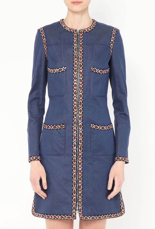 Chanel F/W 2004 Embroidered Trim Denim Dress - 4