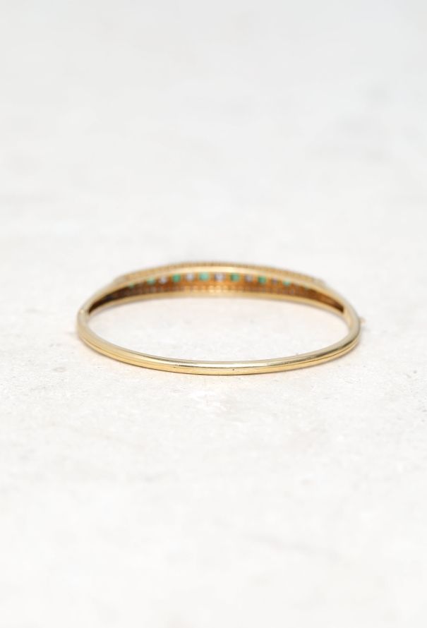 Vintage Fine Jewelry 18k Yellow Gold, Diamond & Emerald Bangle - 4
