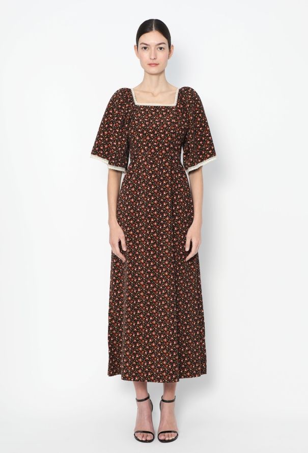 Floral Lace Trim Corduroy Dress - 2