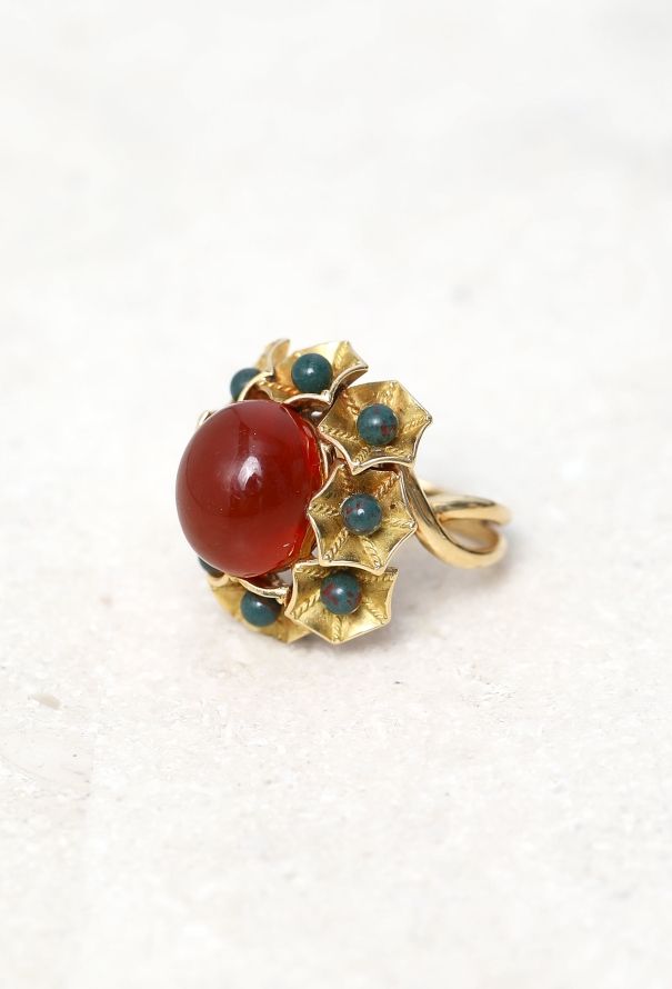 Vintage Fine Jewelry 18k Yellow Gold, Carnelian & Green Jasper Ring - 3