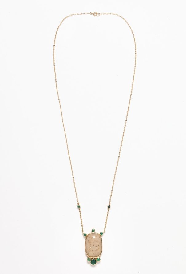 Modern Fine Jewelry 18k Yellow Gold, Fossilised Palm & Emerald Necklace - 2