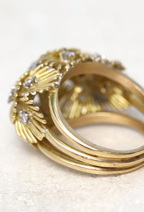 Vintage Fine Jewelry 18k Yellow Gold & Diamond Flower Bed Ring - 5