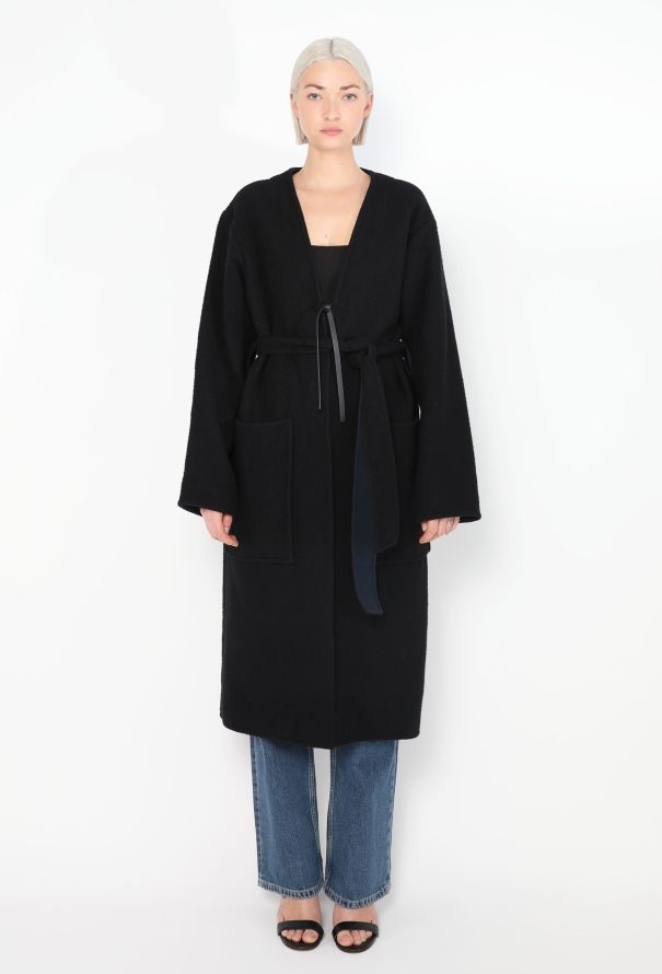 Céline Navy Belted Collarless Coat - 2