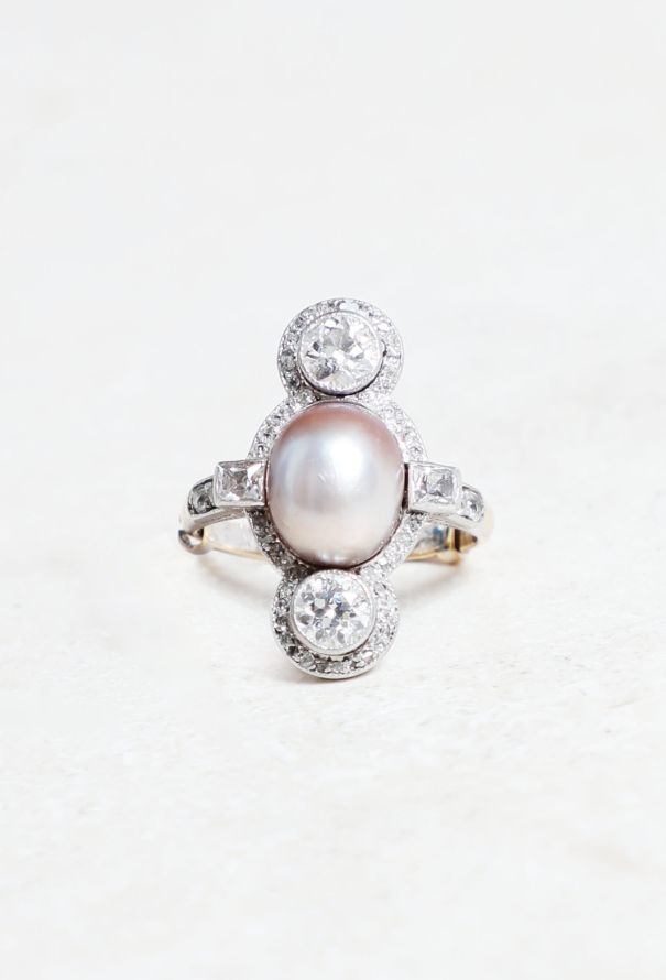 Vintage Fine Jewelry Antique 18k Gold Diamond & Natural Pearl Ring - 2