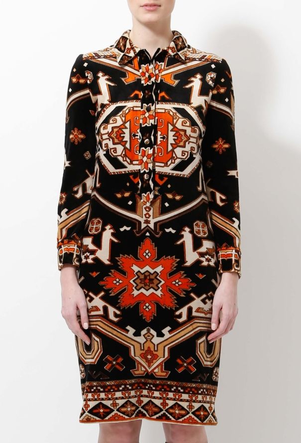 Exquisite Vintage Leonard '60s Graphic Velvet Shirt Dress - 2