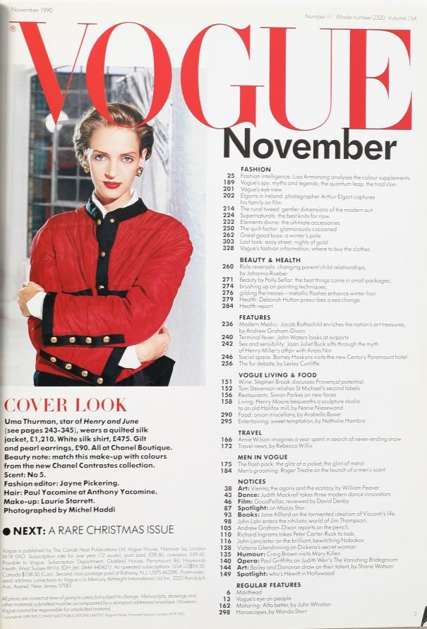 VOGUE UK November 1990 Uma Thurman Cover Issue - 3