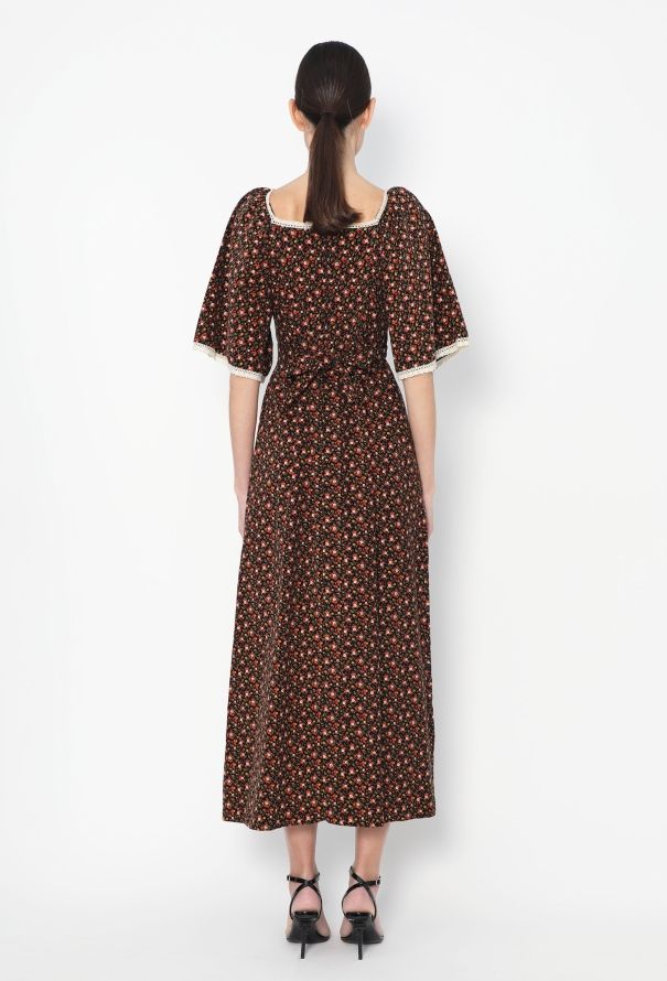 Floral Lace Trim Corduroy Dress - 4