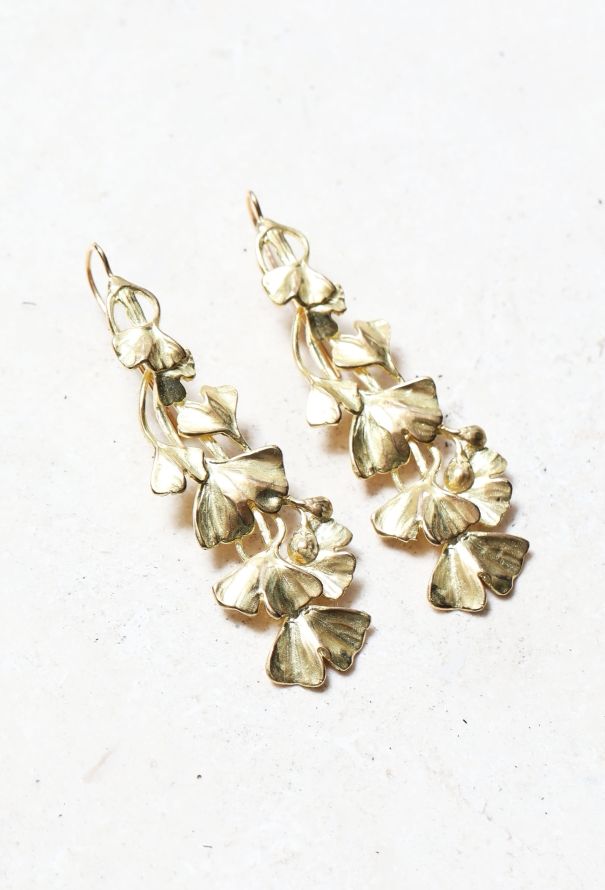 Vintage Fine Jewelry 18k Yellow Gold Ginkgo Leaf Earrings - 3