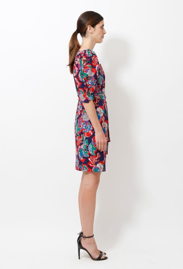 Saint Laurent 1981 Fish Print Belted Dress - 4