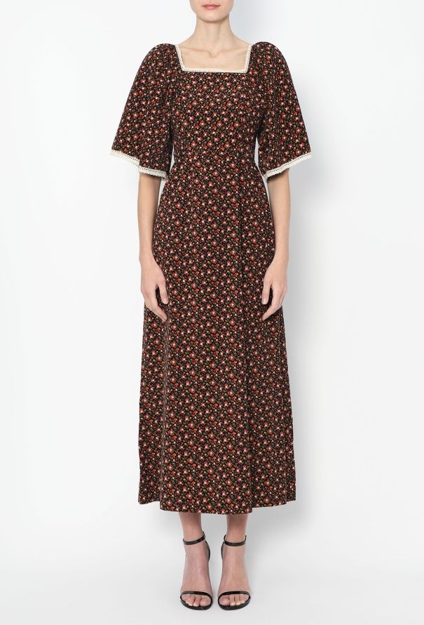 Floral Lace Trim Corduroy Dress - 3