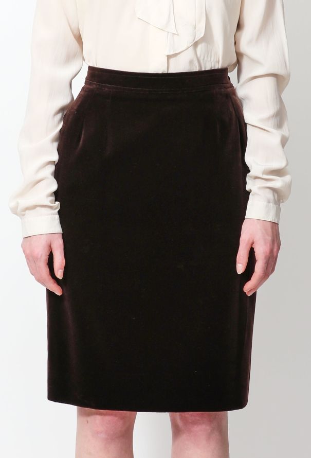 Saint Laurent Vintage Chocolate Velvet Pencil Skirt - 2