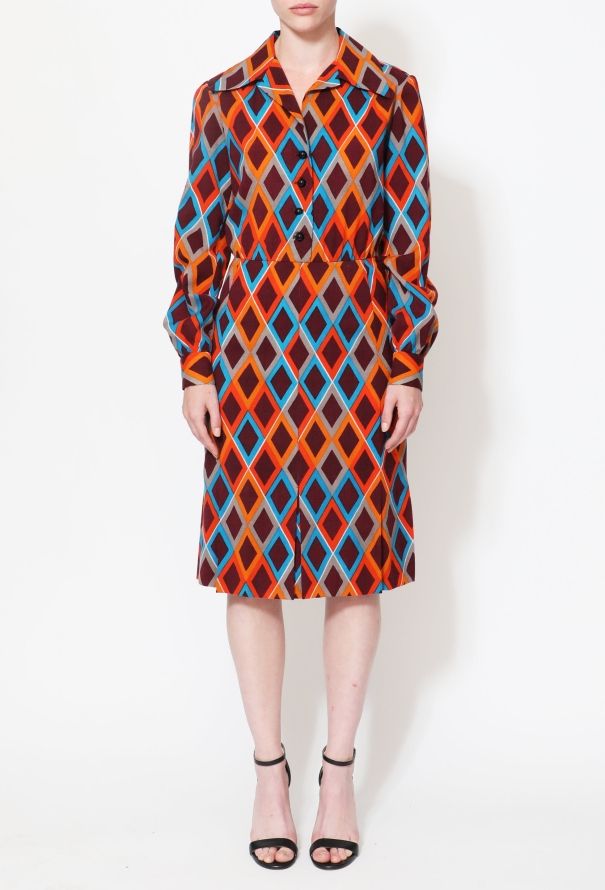 Saint Laurent 70s Diamond Print Wool Day Dress - 2
