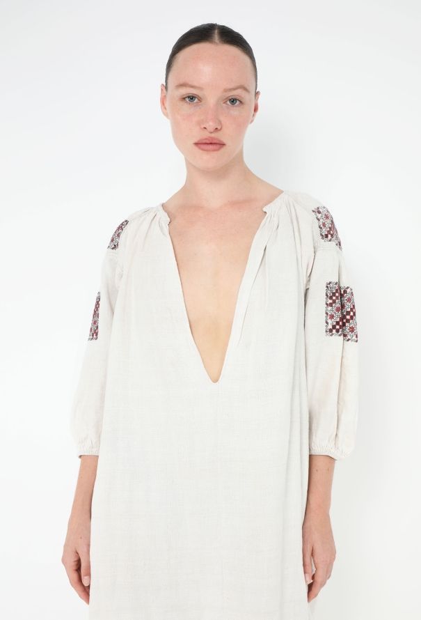 Embroidered Plunging Linen Kaftan - 2