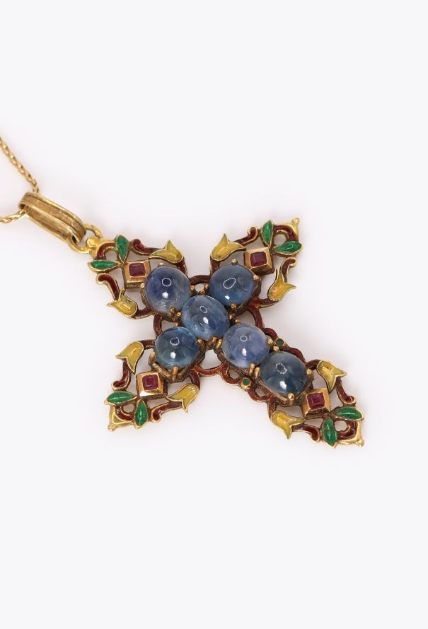 Vintage Fine Jewelry Antique 18k Yellow Gold, Enamel & Sapphire Cross Pendant - 3