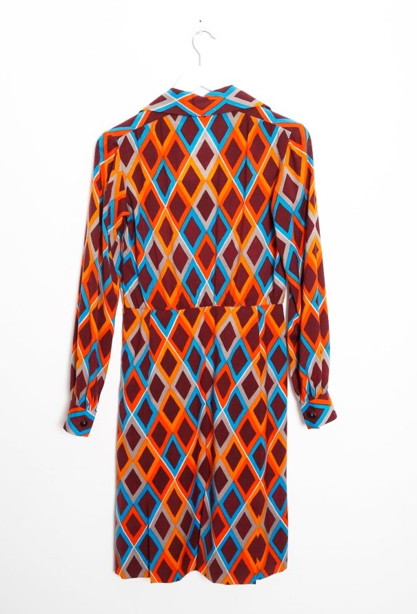 Saint Laurent 70s Diamond Print Wool Day Dress - 8