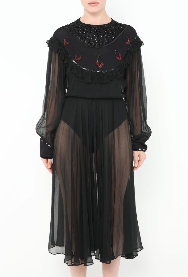 '70s Embroidered Chiffon Dress - 2