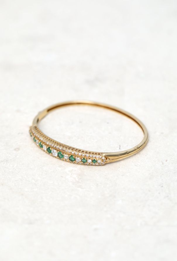 Vintage Fine Jewelry 18k Yellow Gold, Diamond & Emerald Bangle - 3