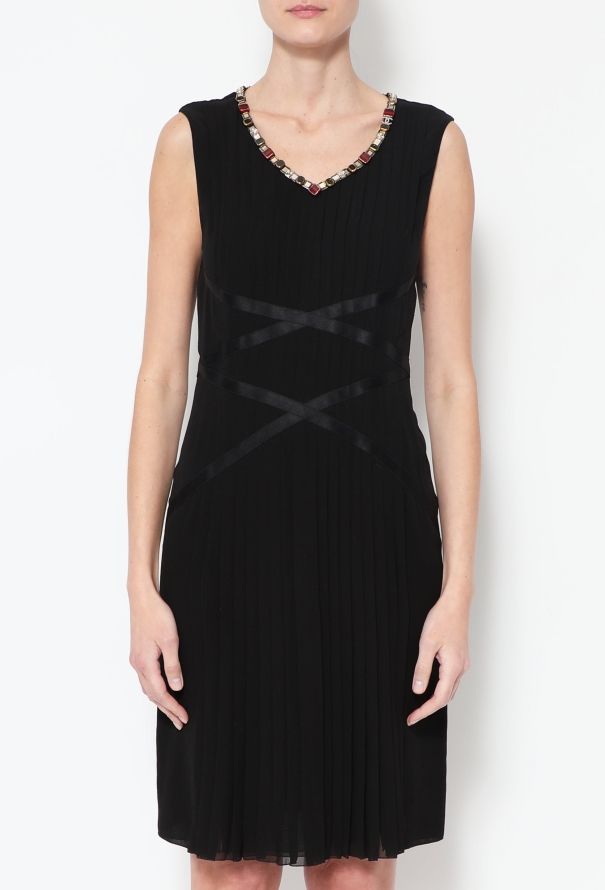 Chanel Pleated Silk Jewel Trim Dress - 1