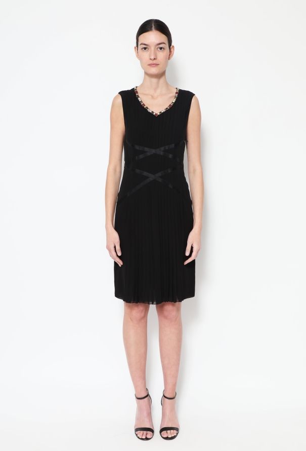 Chanel Pleated Silk Jewel Trim Dress - 2