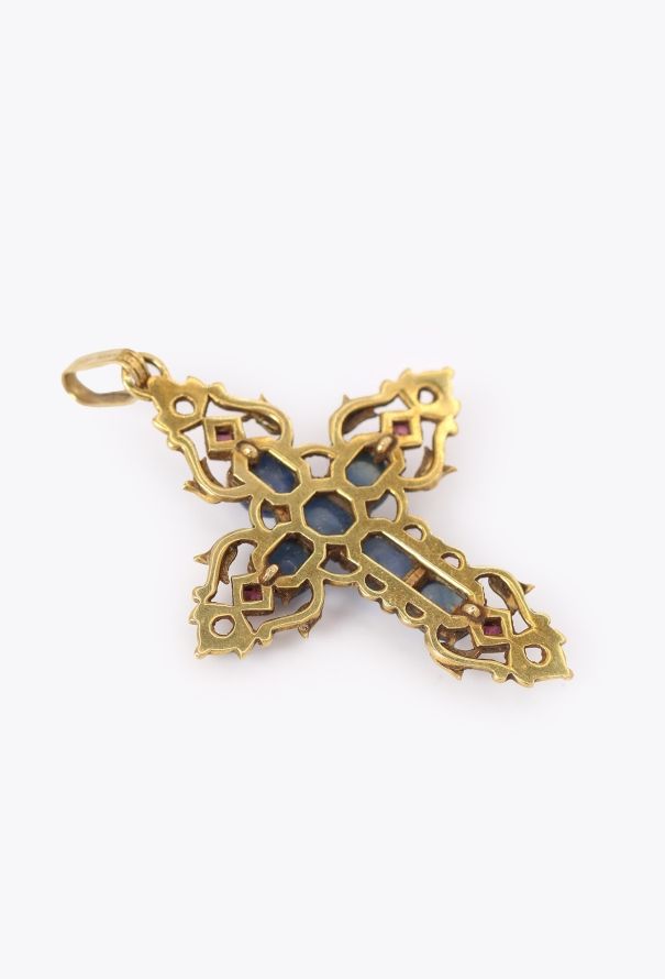 Vintage Fine Jewelry Antique 18k Yellow Gold, Enamel & Sapphire Cross Pendant - 5