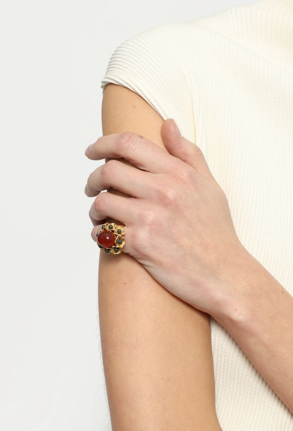 Vintage Fine Jewelry 18k Yellow Gold, Carnelian & Green Jasper Ring - 4