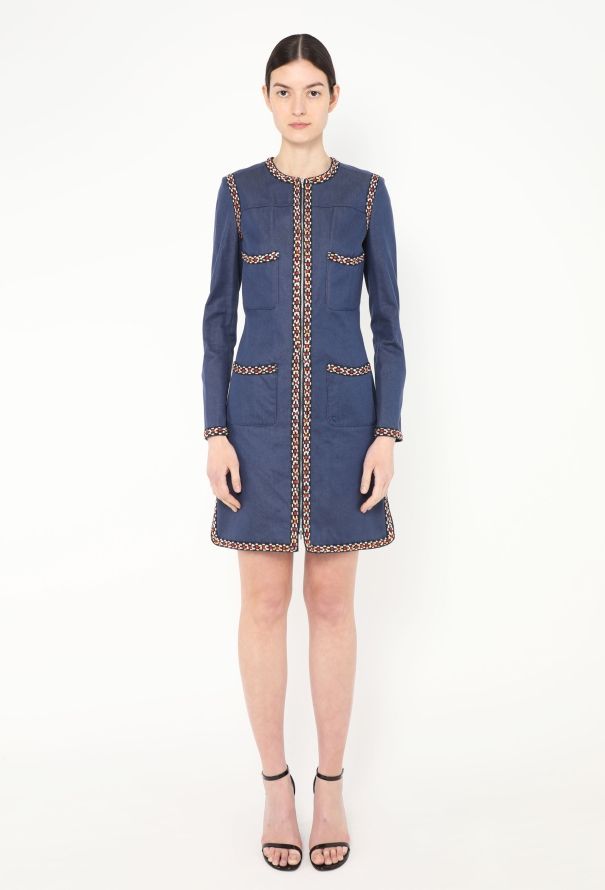 Chanel F/W 2004 Embroidered Trim Denim Dress - 3