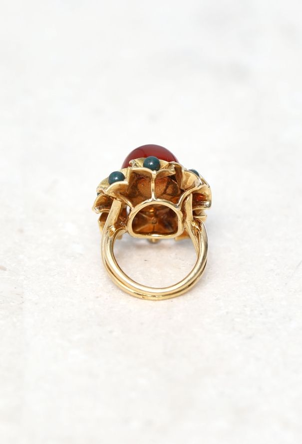 Vintage Fine Jewelry 18k Yellow Gold, Carnelian & Green Jasper Ring - 5