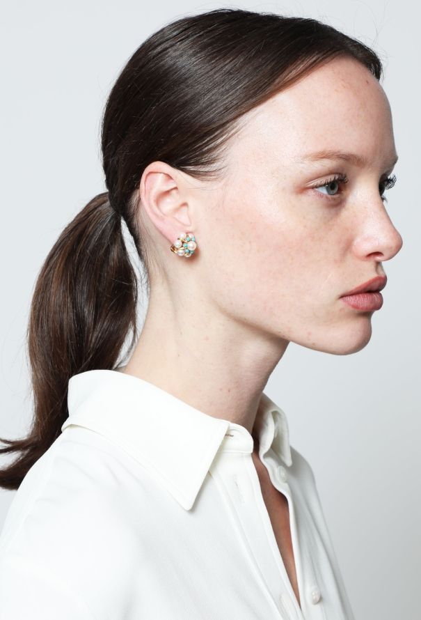 Vintage Fine Jewelry 18k Gold, Pearl and Turquoise Clip Earrings - 5