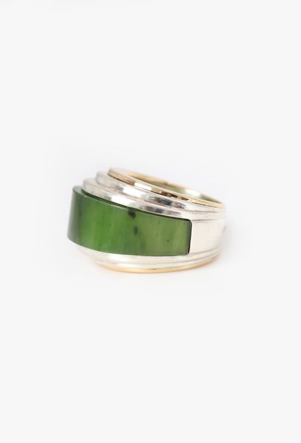 Vintage Fine Jewelry Puiforcat 18k Yellow Gold, Silver & Jade Ring - 3