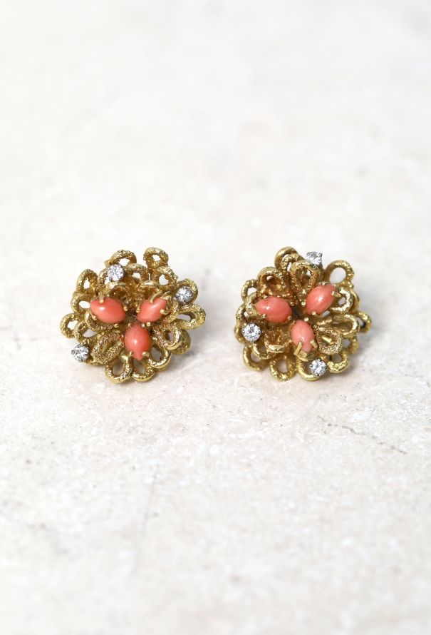Vintage Fine Jewelry 18k Yellow Gold, Diamond & Coral Earrings - 1