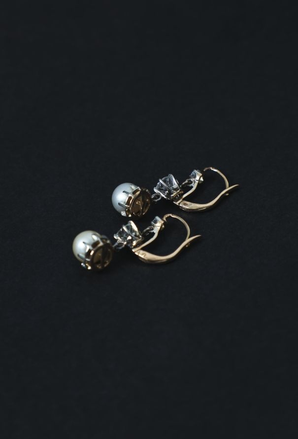 Vintage Fine Jewelry Art Deco 18k Gold Pearl & Diamond Sleeper Earrings - 4