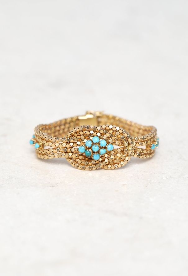 Vintage Fine Jewelry 18k Yellow Gold & Turquoise Mesh Knot Bracelet - 1