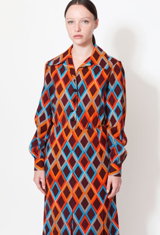 Saint Laurent 70s Diamond Print Wool Day Dress - 3