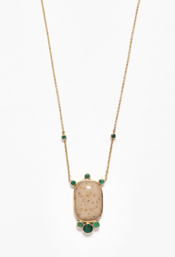 Modern Fine Jewelry 18k Yellow Gold, Fossilised Palm & Emerald Necklace - 1