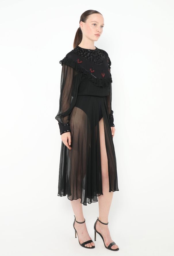 '70s Embroidered Chiffon Dress - 3