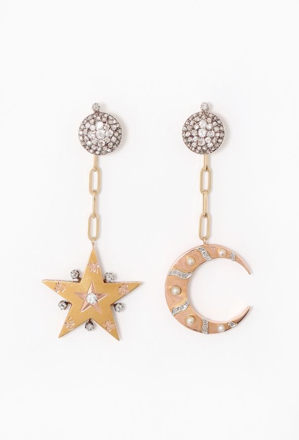 Vintage Fine Jewelry Antique 18k Gold, Silver & Diamond Star & Moon Earrings - 1